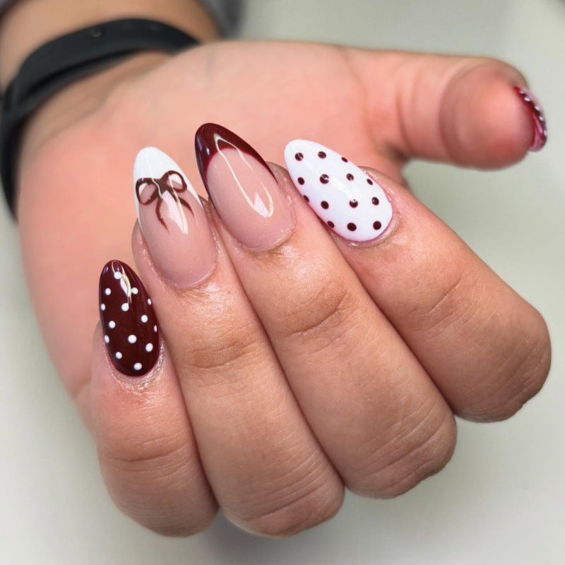 Artistic Press-On Nail Set with Bow and Dot Design Stornfield