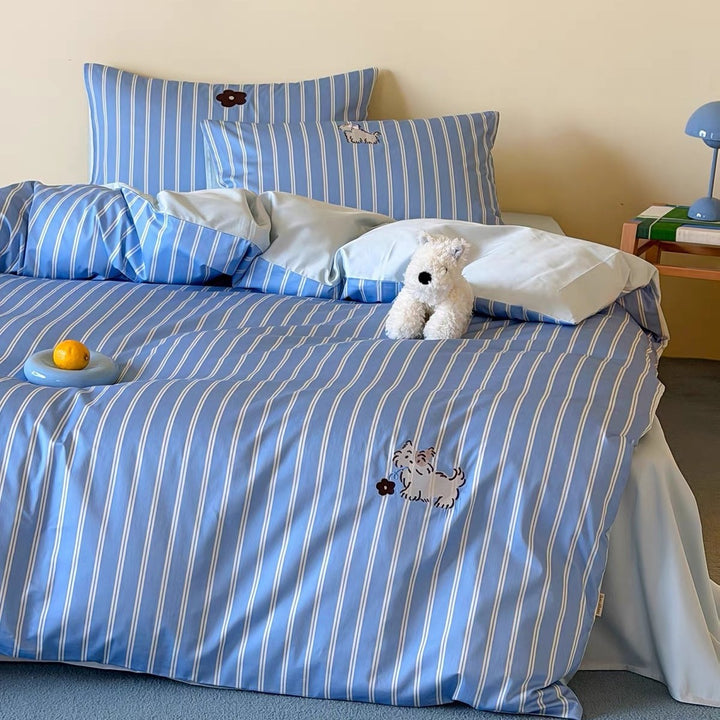 Striped Cotton Sateen Duvet Cover Set with Embroidered Cat Patch and Hidden Zipper