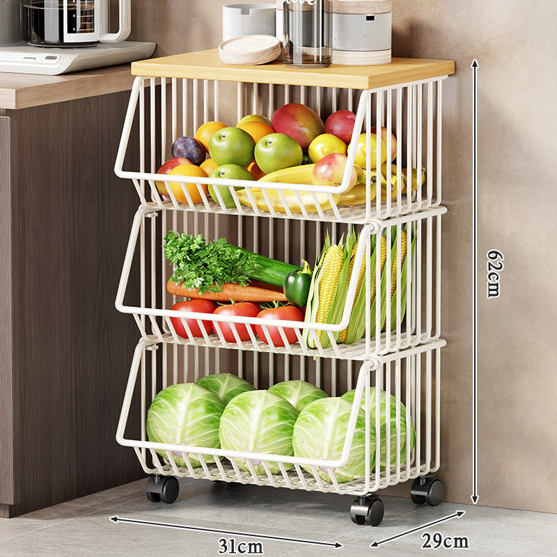 Vertical Five-Tier Rolling Kitchen Produce Storage Cart with Wooden Top and Pull-Out Wire Baskets