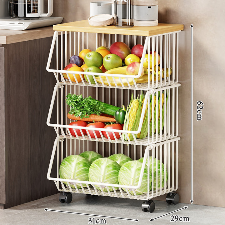 Vertical Five-Tier Rolling Kitchen Produce Storage Cart with Wooden Top and Pull-Out Wire Baskets