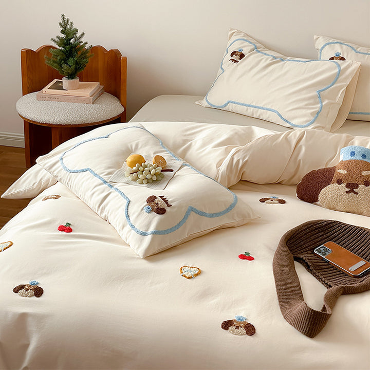 Embroidered Plush-Appliqué Cotton Sateen Duvet Cover Set with Cloud-Edge Shams