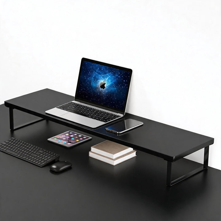 Elevated Monitor Riser Stand with Wood-Effect Top Metal Frame and Under-Shelf Storage