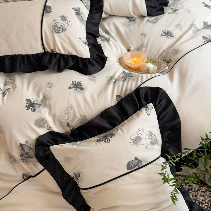Ruffled Floral Embroidered Cotton Duvet Cover Set with Contrasting Piping
