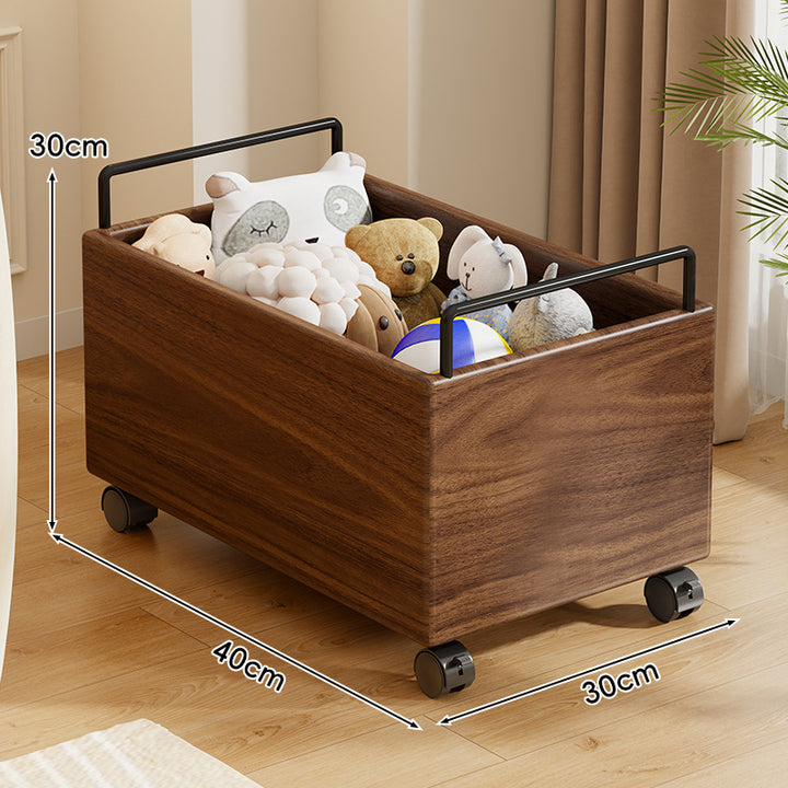 Solid Wood Rolling Toy Storage Box with Metal Handles and Quiet Casters