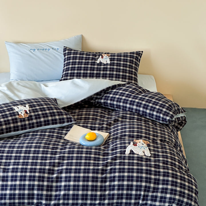 Reversible Plaid Cotton Duvet Cover Set with Puppy Appliqué