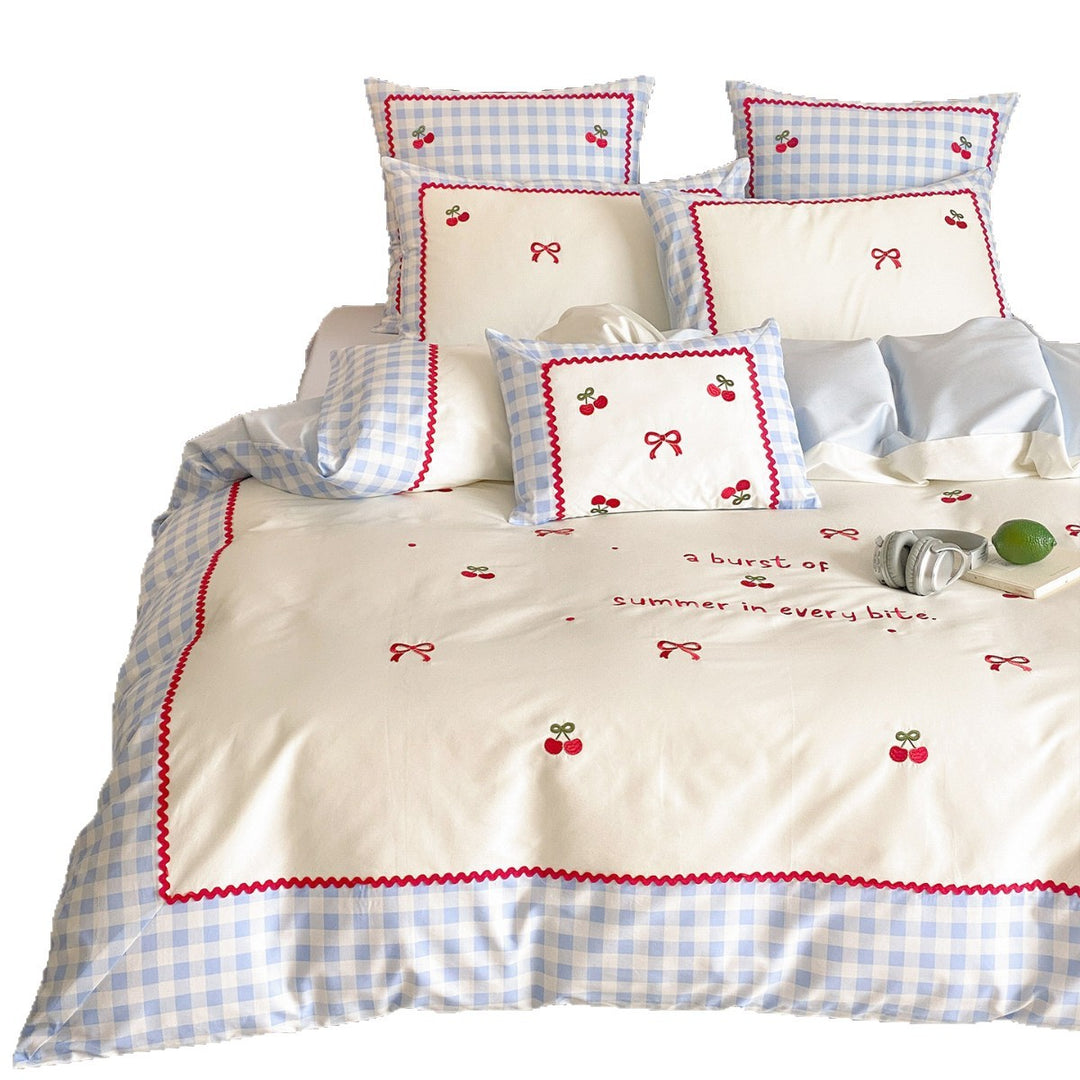 Gingham-Trim Cherry Embroidered Cotton Duvet Cover Set with Pillow Shams and Rickrack Border