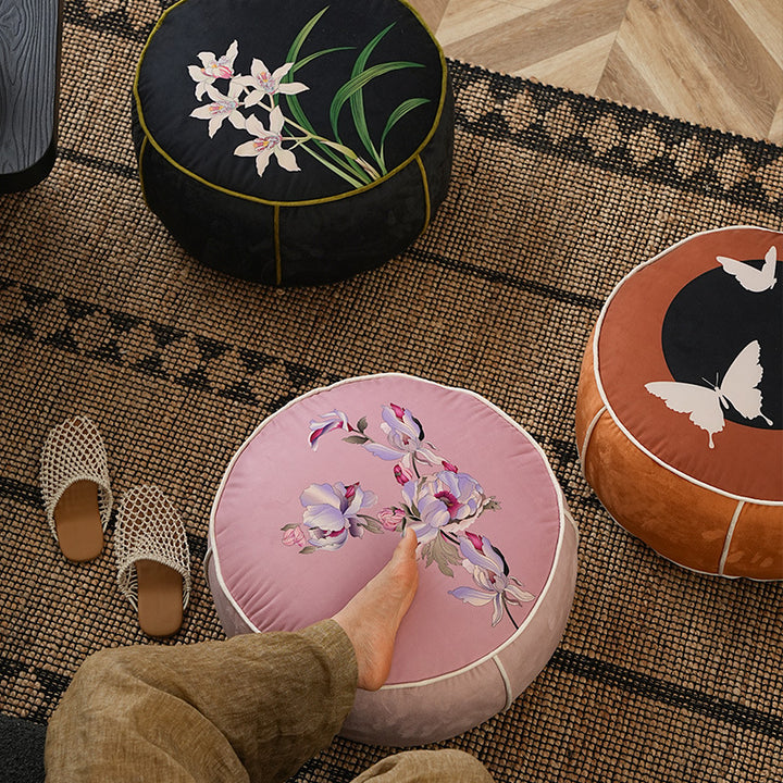 round floor sitting pouf with butterfly motif and sturdy canvas cover Stornfield