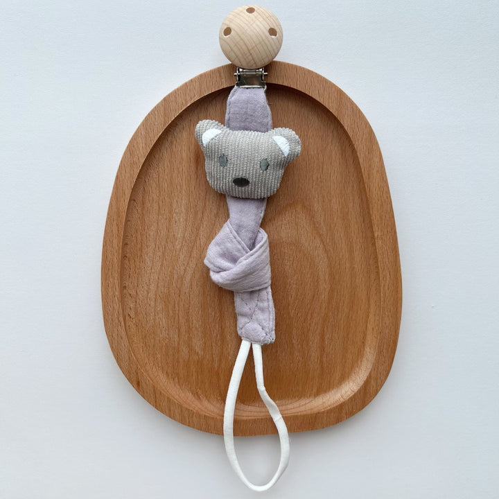 Wooden Clip Fox Plush Pacifier Holder with Knotted Muslin Strap