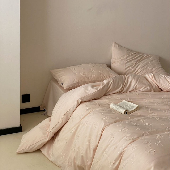 Romantic cotton satin bedding with embroidered butterfly and floral relief