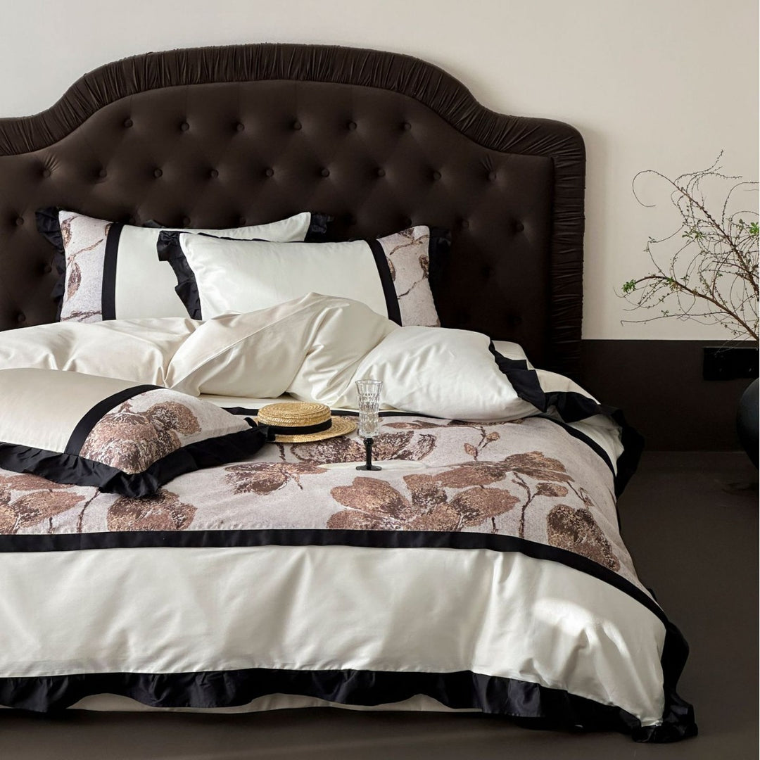 Premium bedding set made of cotton satin with floral jacquard and contrasting frill