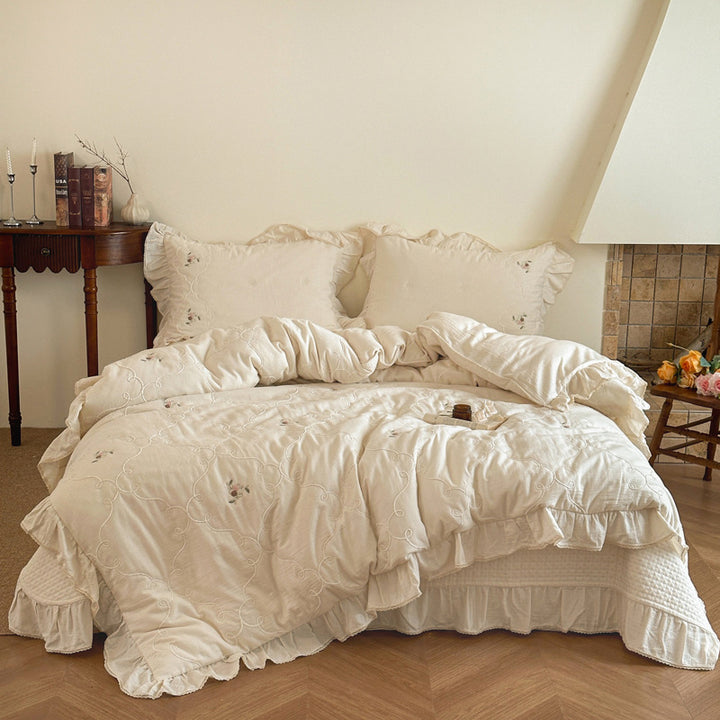 Quilted Floral Embroidered Ruffled Cotton Duvet Cover Set