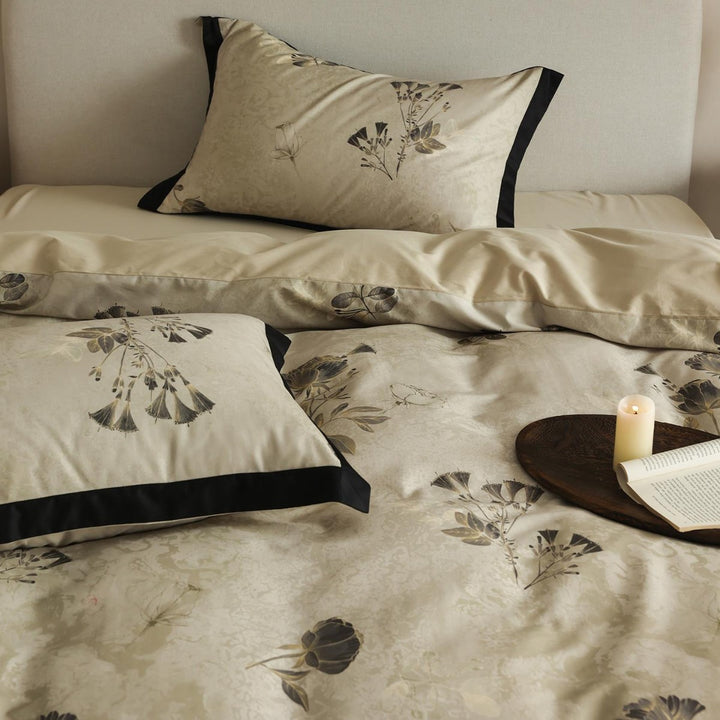 Luxury Cotton-Sateen Botanical Duvet Cover Set with Contrast Piped Hem & Euro Shams