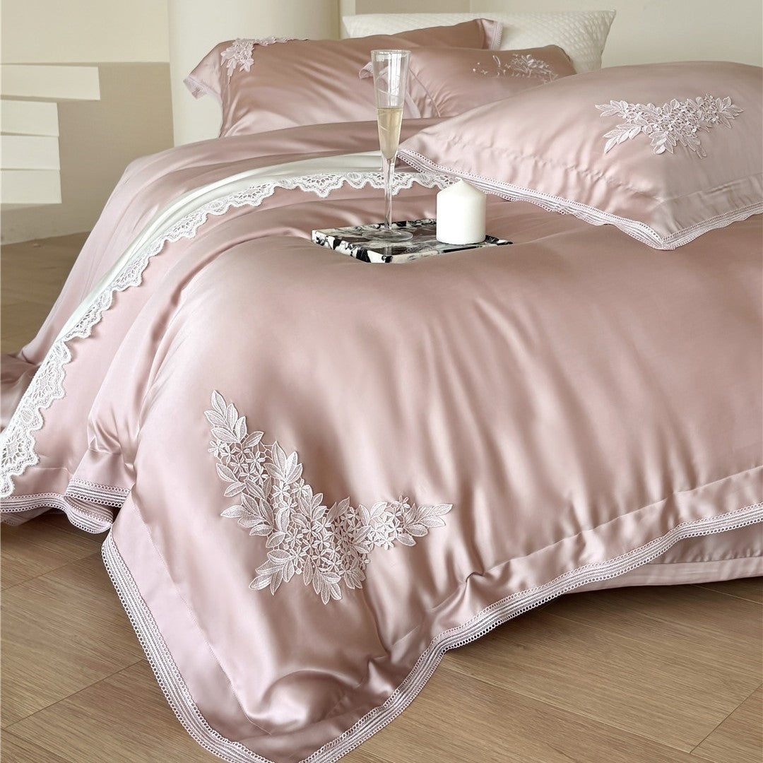 Silky Embroidered Floral Sateen Duvet Cover Set with Lace-Trim Shams