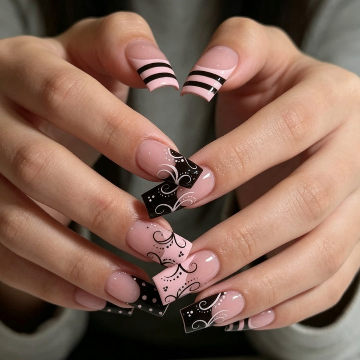 Artistic Long Square Press-On Nails with Whimsical Patterns Stornfield
