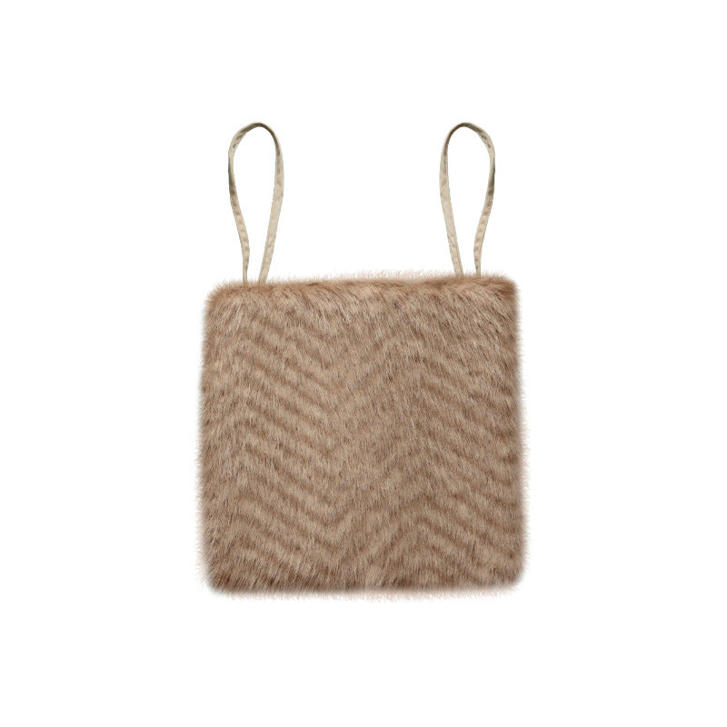 Square chair cushion made of cozy artificial fur with non-slip base and strap attachment Stornfield