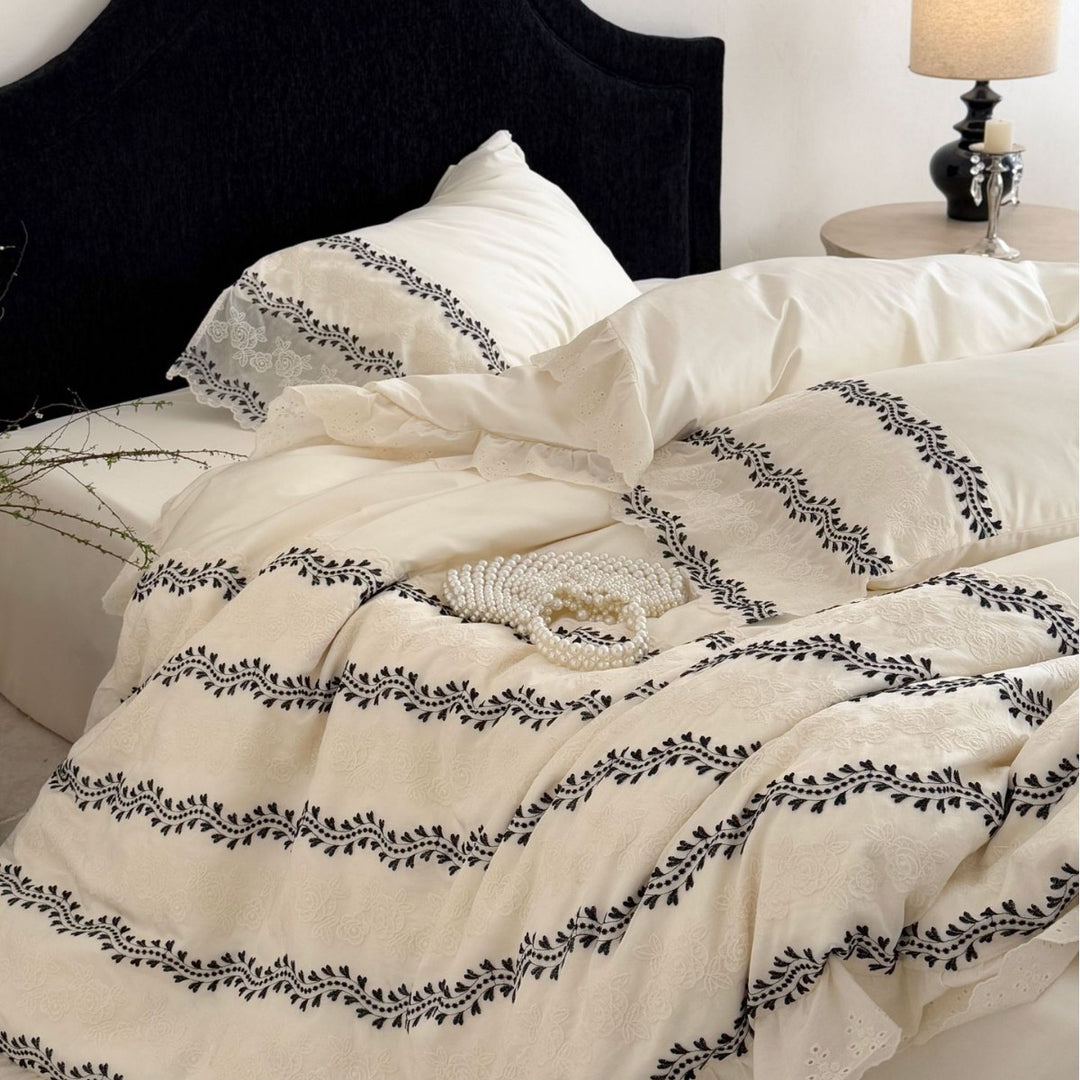 Embroidered Cotton Ruffled Duvet Cover Set with Eyelet Lace and Vine Stripe Motif