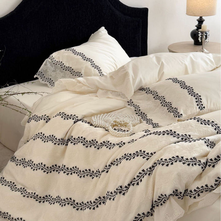 Embroidered Cotton Ruffled Duvet Cover Set with Eyelet Lace and Vine Stripe Motif