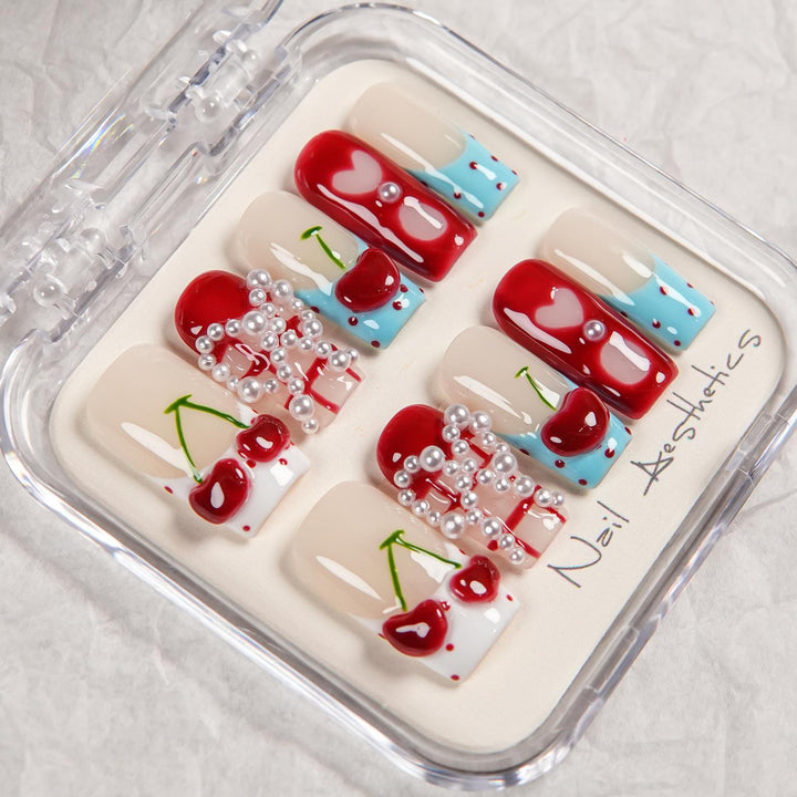 Artistic Press-On Nail Set with Cherry Design