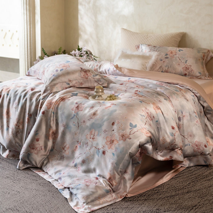 Silk-Effect Floral Satin Duvet Cover Set with Reversible Back & Hidden Zipper