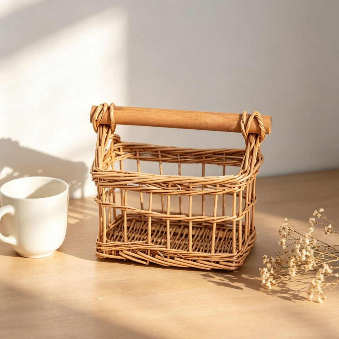 Handcrafted storage basket with wooden handle Stornfield