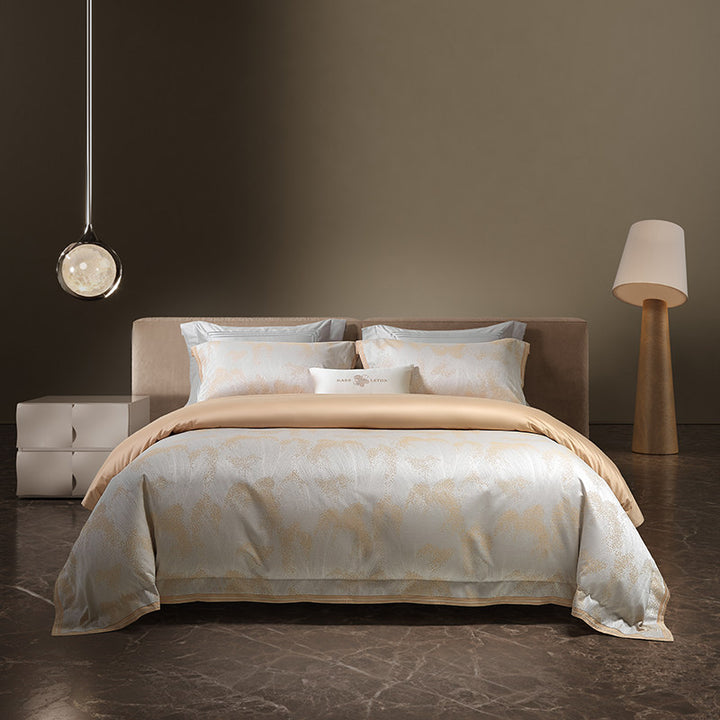 Jacquard Cotton-Sateen Duvet Cover Set with Reversible Silk-Feel Lining and Decorative Lumbar Pillow