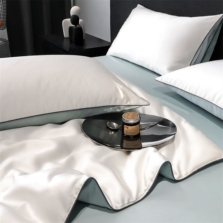 Silk cotton satin bedding cover with quilted comfort edge and pillowcases