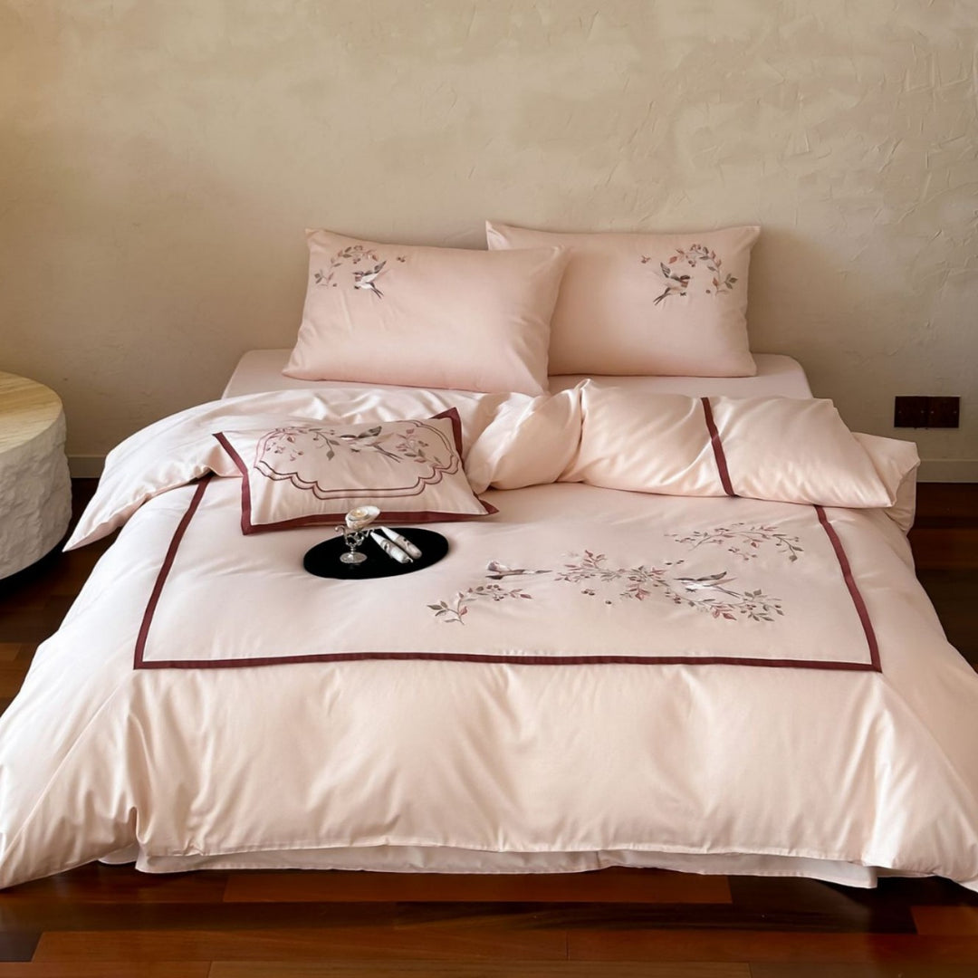 Embroidered Bird and Floral Cotton Sateen Duvet Cover Set with Piped Border and Decorative Sham
