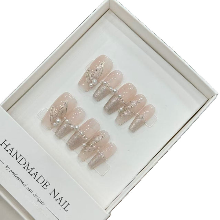 Handmade Press-On Nail Art Set with Pearl and Metallic Accents
