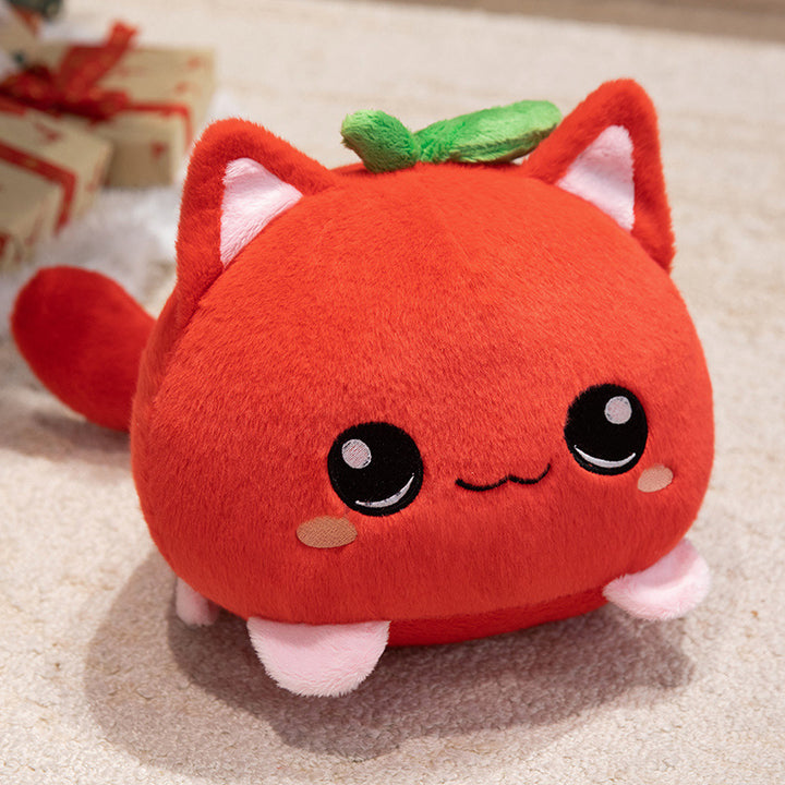 Kawaii Round Cat-Fruit Plush Pillow with Leaf Top and Squishy Bean-Fill Cuddle Companion Stornfield
