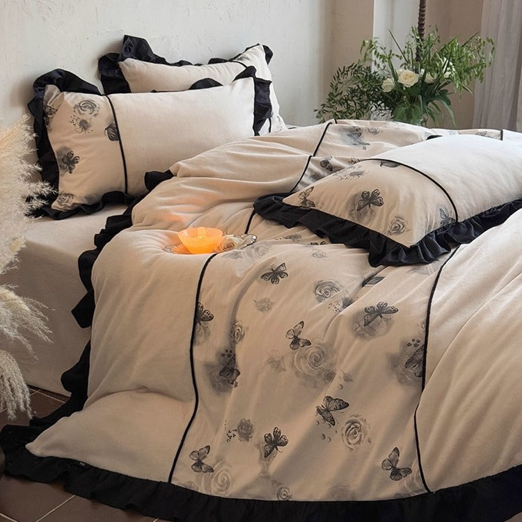 Ruffled Floral and Butterfly Cotton Duvet Cover Set with Piped Trim