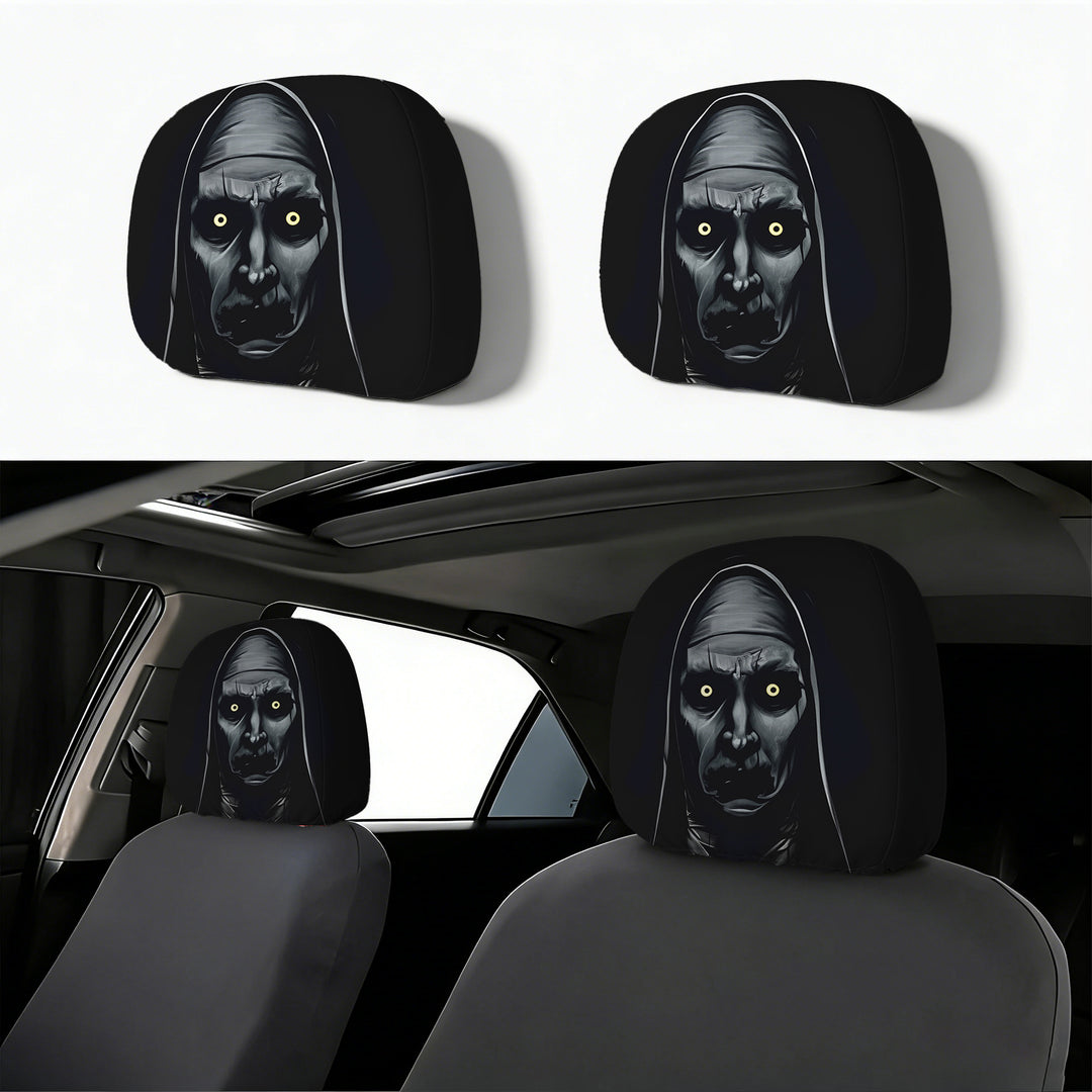 Car headrest cover with retro horror motif