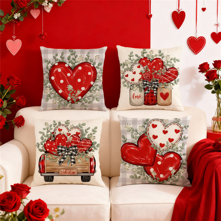 Square Cotton-Linen Decorative Throw Pillow Cover with Polka Dot Heart and Eucalyptus Wreath