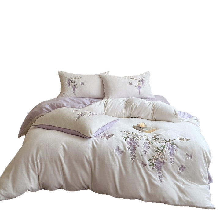 Floral Embroidered Reversible Cotton Duvet Cover Set with Pillow Shams