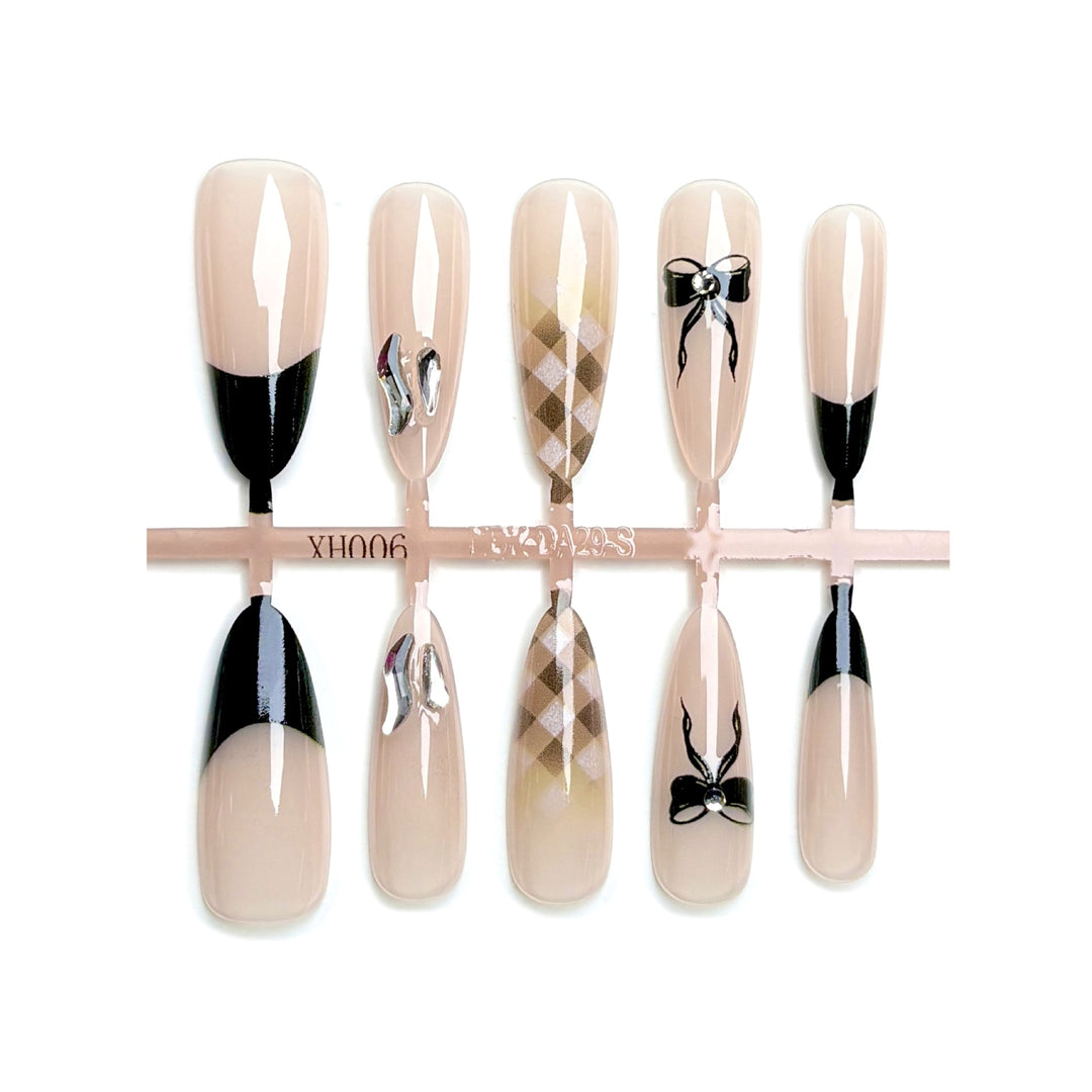 Elegant Press-On Nail Art Set with Stylish Bow and Geometric Designs