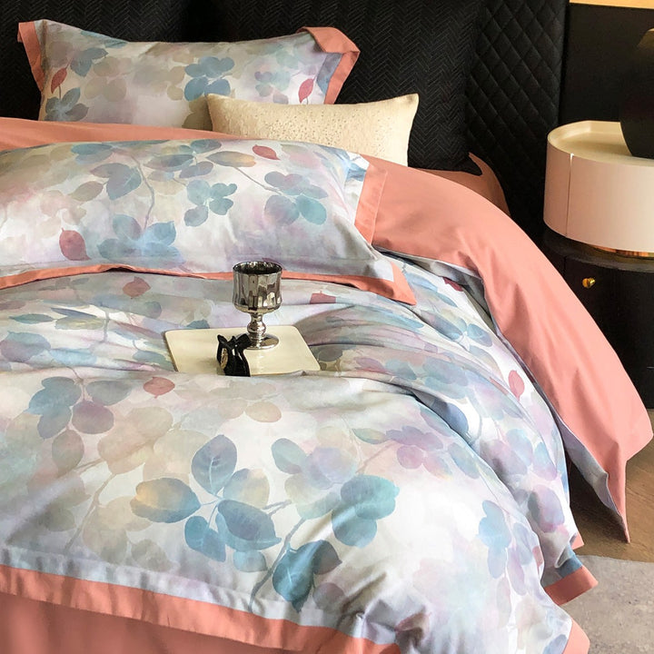 Watercolor Leaf Cotton Sateen Duvet Cover Set with Reversible Solid Back & Piped Hem
