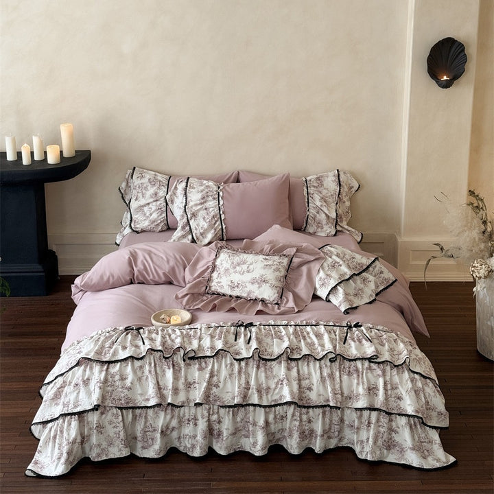 Romantic Ruffled Bedding Set with Vintage Toile Motif, Ruffles and Bedskirt