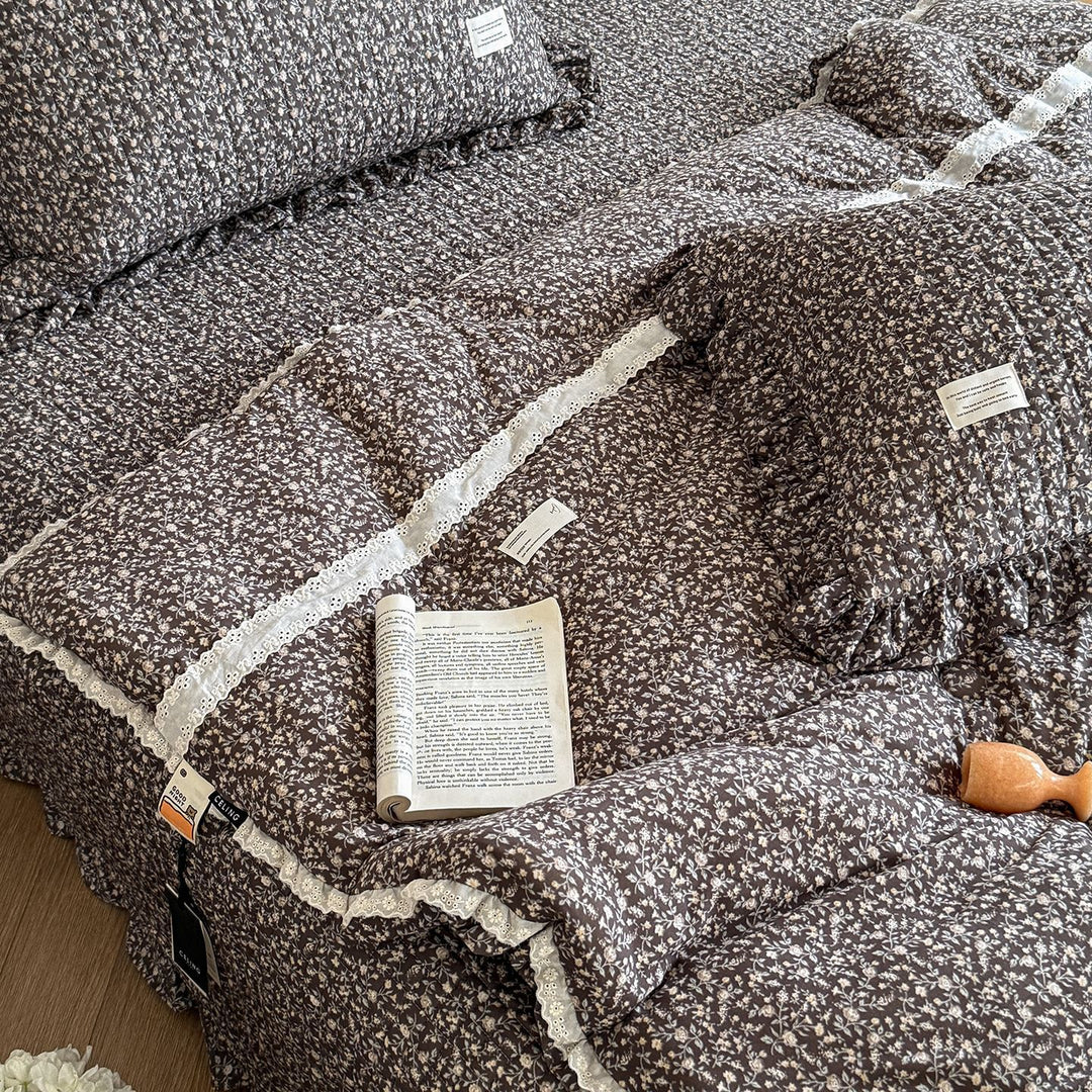 Quilted Floral Cotton Ruffle Duvet and Sham Set