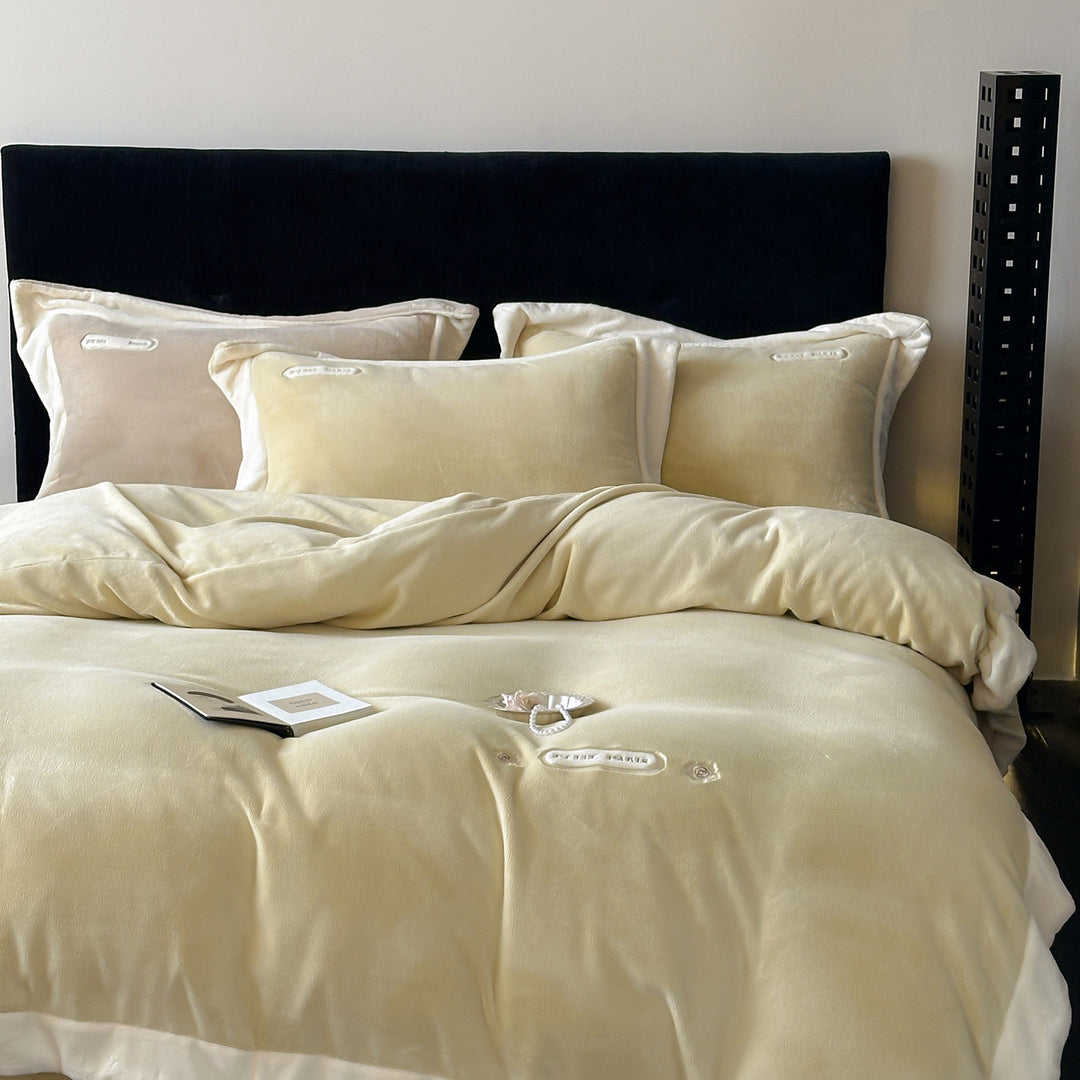 Luxurious velvet bedding set with plush cover, satin edge, and decorative embroidery