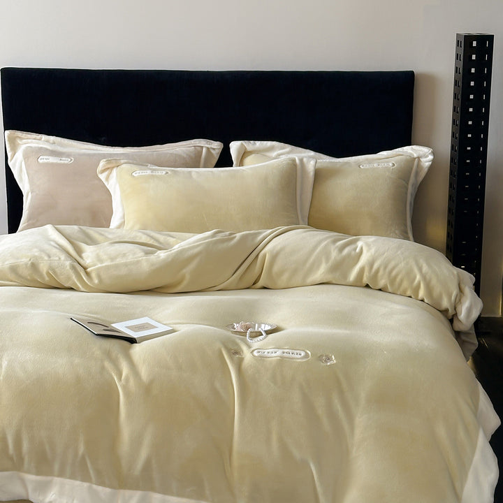 Luxurious velvet bedding set with plush cover, satin edge, and decorative embroidery