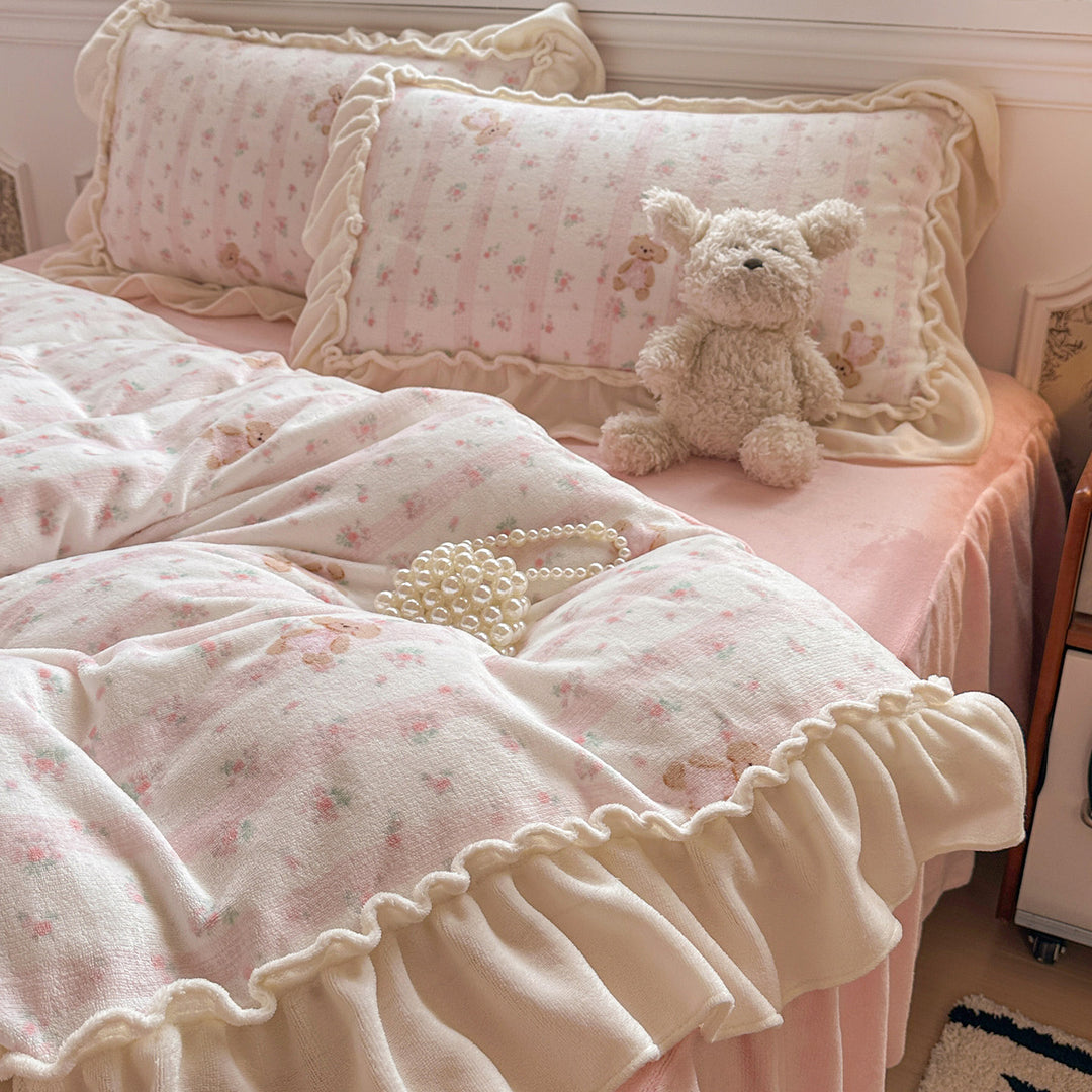 Reversible Plush Floral Comforter Set with Ruffled Skirt and Matching Pillow Shams