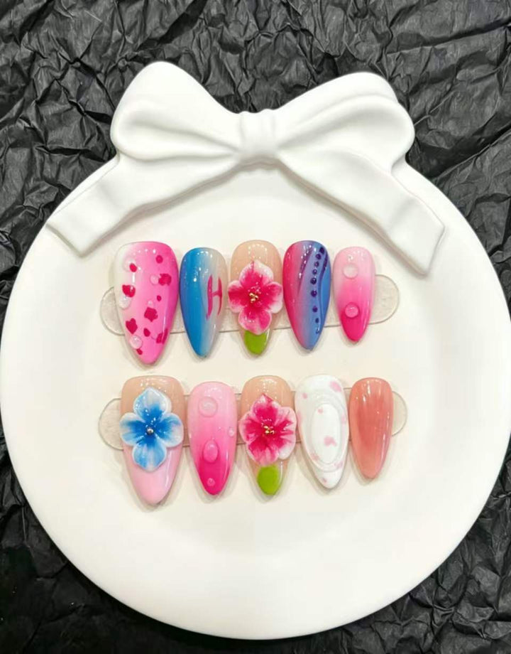 Decorative Press-On Nail Art Set with Floral and Whimsical Designs