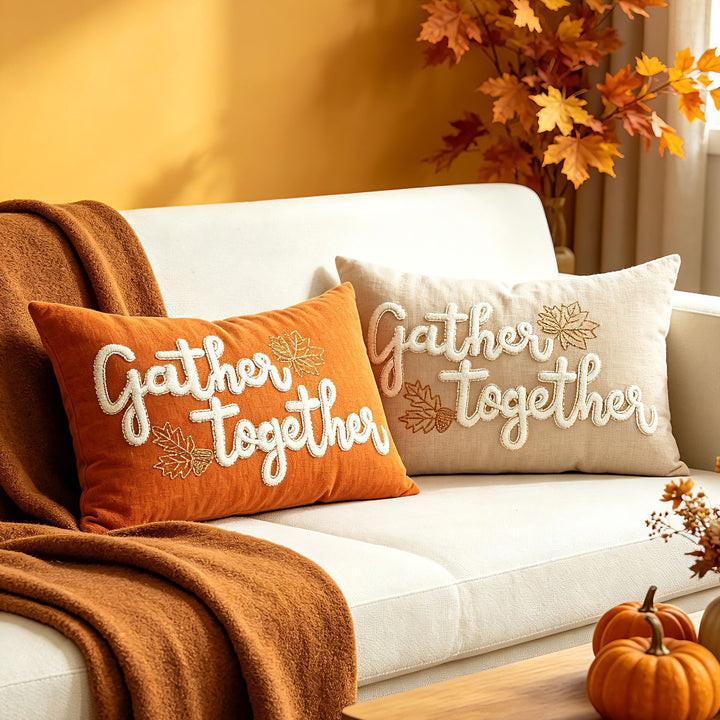 Embroidered Autumn Maple Lumbar Pillow Cover with Textured Chenille Leaf Appliqué