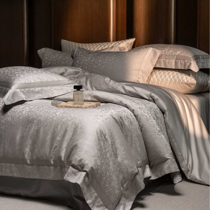 Luxury Jacquard Satin Duvet Cover Set with Botanical Embossed Weave and Oxford Pillow Shams