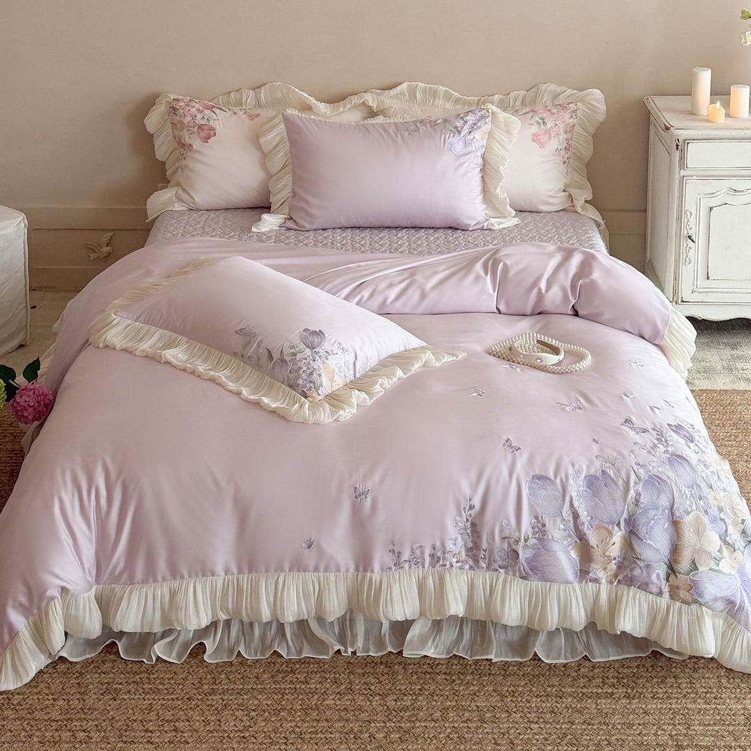 Ruffled Satin-Feel Floral Embroidered Duvet Cover Set with Pleated Ruffle Trim