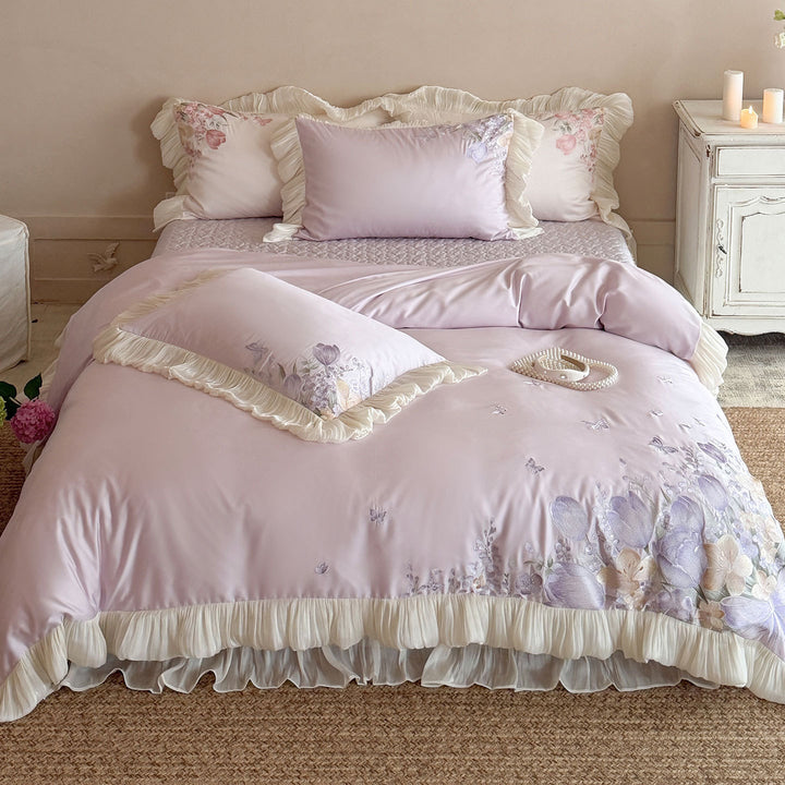 Ruffled Satin-Feel Floral Embroidered Duvet Cover Set with Pleated Ruffle Trim