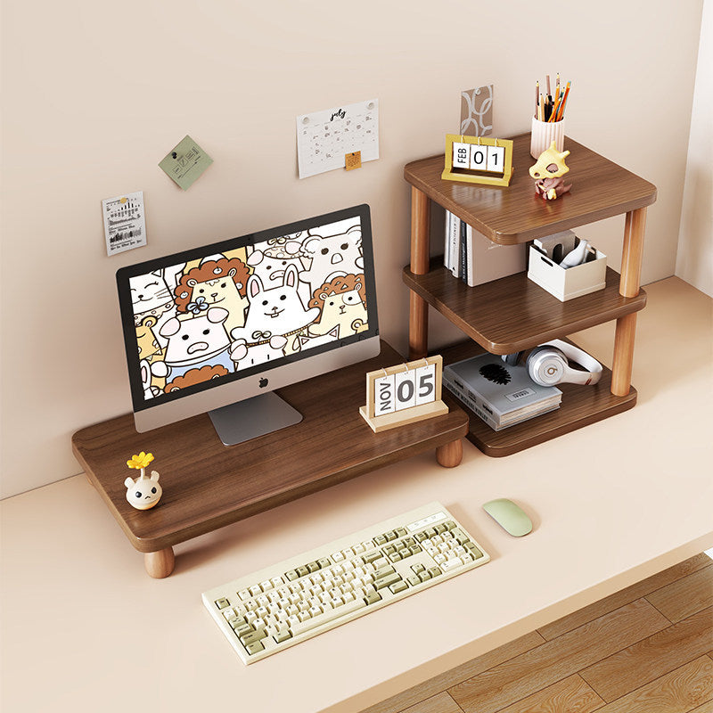 Solid Wood Monitor Riser with Tiered Desk Organizer and Cable Management