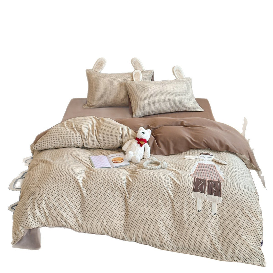 Reversible Cotton-Blend Duvet Cover Set with Appliqué Bunny Ears & Patchwork Doll Accent