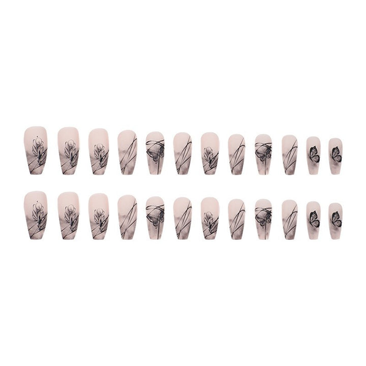 Artificial nail set with elegant flower design and delicate butterfly motifs Stornfield