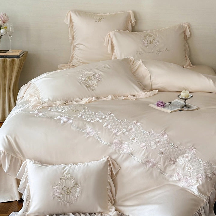 Romantic Ruffle-Trim Satin-Blend Floral Embroidered Duvet Cover Set