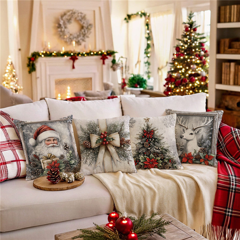 Christmas Pine & Poinsettia Decorative Throw Pillow Cover with Hidden Zipper
